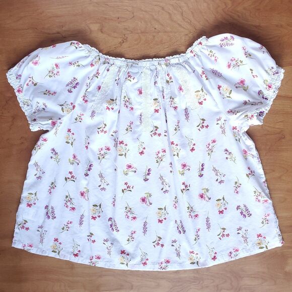 Lands End Cotton Voile Top Size L White Floral Short Puff Sleeve Cottage Prairie - Picture 3 of 8